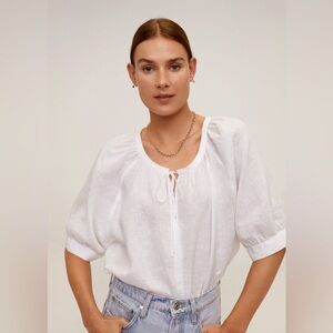 Mango white linen peasant tie blouse